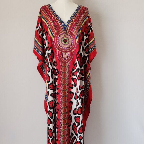 WINLAR Tribal Boho Satin Maxi Kaftan MuuMuu Dress Polyester Multicolor - Picture 1 of 8